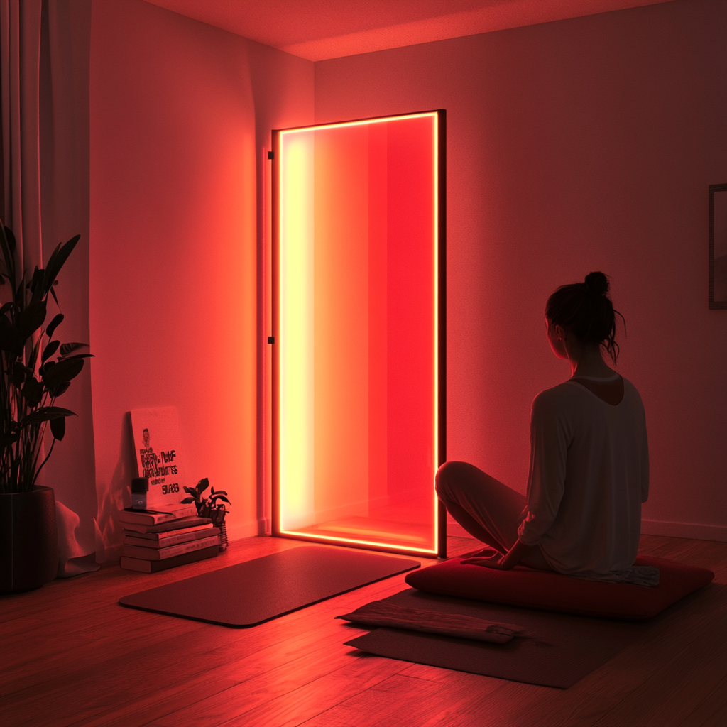 Personne recevant une thérapie par lumière rouge dans une ambiance apaisante avec un panneau de lumière rouge