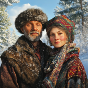 Un homme et une femme de Sibérie, en parfaite santé, debout dans un paysage enneigé avec des arbres et un ciel bleu, portant des vêtements traditionnels et des manteaux en fourrure.
