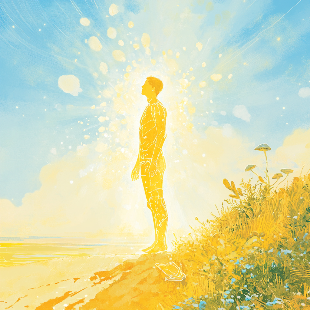 Illustration montrant une personne profitant de la lumière du soleil dans un environnement naturel, symbolisant la synthèse naturelle de la vitamine D. L'image inclut des éléments comme des poissons, des champignons et des légumes verts, représentant les sources alimentaires de vitamine D, ainsi que des livres scientifiques illustrant son rôle biologique dans le corps. Une combinaison de nature et de science pour promouvoir les bienfaits de la vitamine D.