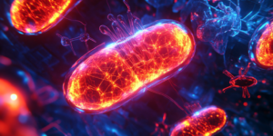 Illustration futuriste des mitochondries produisant de l’ATP, avec des éclats lumineux symbolisant l’énergie cellulaire. Un homme et une femme en pleine forme après 40 ans, entourés d’éléments représentant la thérapie par la lumière rouge et les bienfaits du biohacking