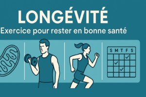 Bannière illustrant la longévité en bonne santé grâce à l’entraînement musculaire, la force fonctionnelle et l’optimisation mitochondriale, avec un homme et une femme d’environ 50 ans en pleine forme dans une salle lumineuse.